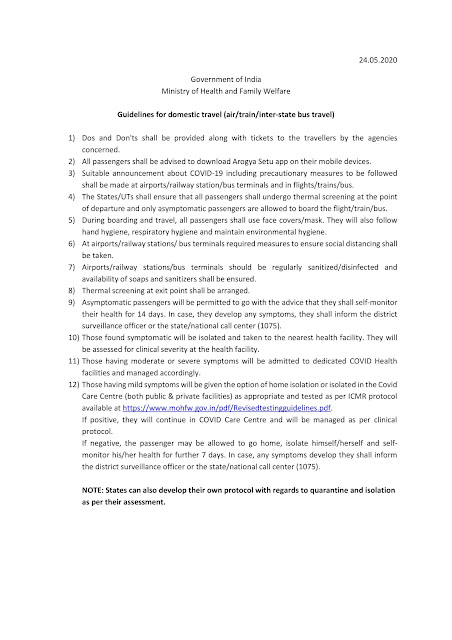 Ministry of Health india issued a Guidelines for international arrivals & domestic travel (air/train/inter-state bus travel)  arriva