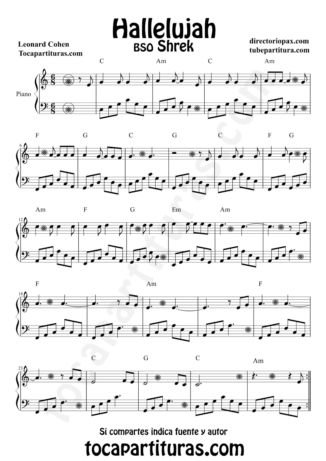tubescore: Hallelujah by Leonard Cohen Sheet Music for Piano Shrek OST