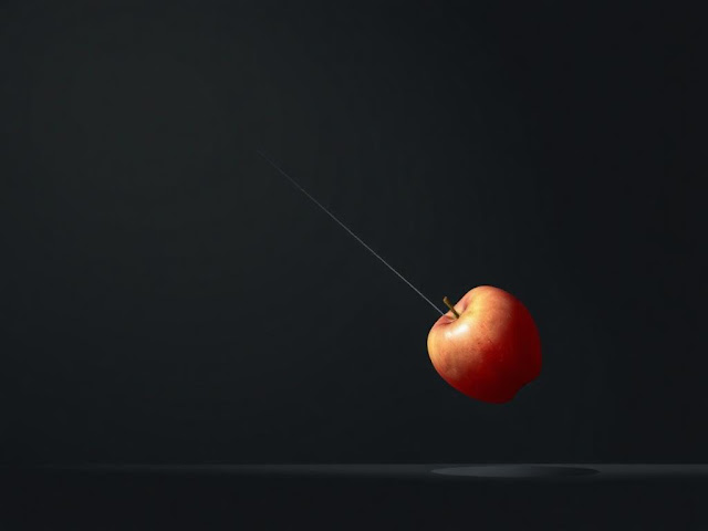 Illustration of Newton's law of universal gravitation with a falling apple."