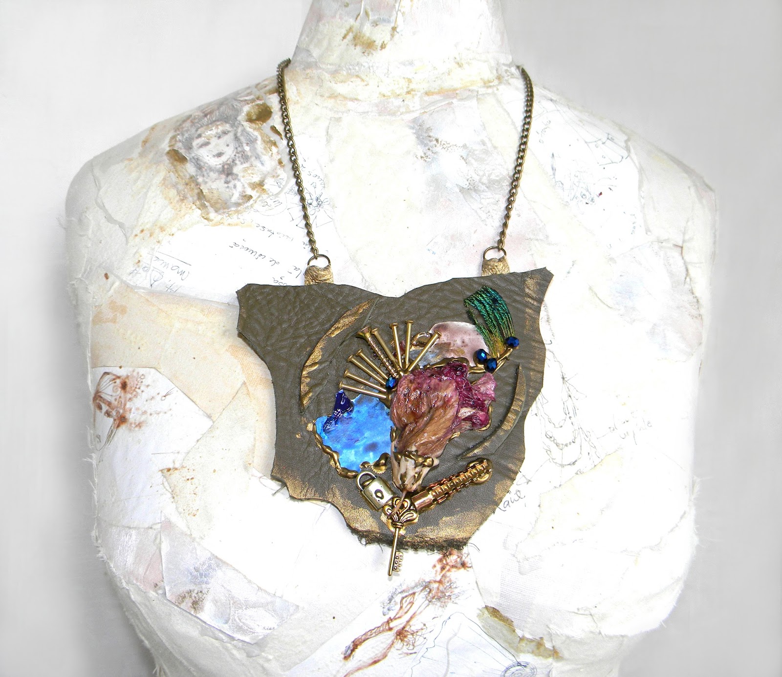 Statement Steampunk Necklace Bib Fashion Collage Leather Jewelry Upcycled Jewelry with Organic Flower