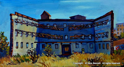 Plein air oil painting of the interior of the ruin of the Edwin Davey and Sons Flour Mill, Pyrmont by industrial heritage artist Jane Bennett