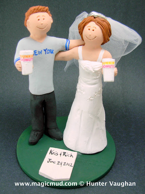 personalized wedding cake topper created for a couple who met in a Dunkin 