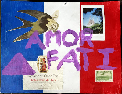 polaroid wine label postage stamp flag collage