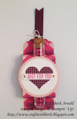 Craft with Beth: treat tube Valentine's Day St Saint Valentine 3D treat holder gift packaging Heart Happiness Stampin Up Classic Label Punch Sure Do Love You stamp Layering Circles Framelits Painted with Love DSP Designer Series Paper Scalloped Tag Topper Punch scoreboard