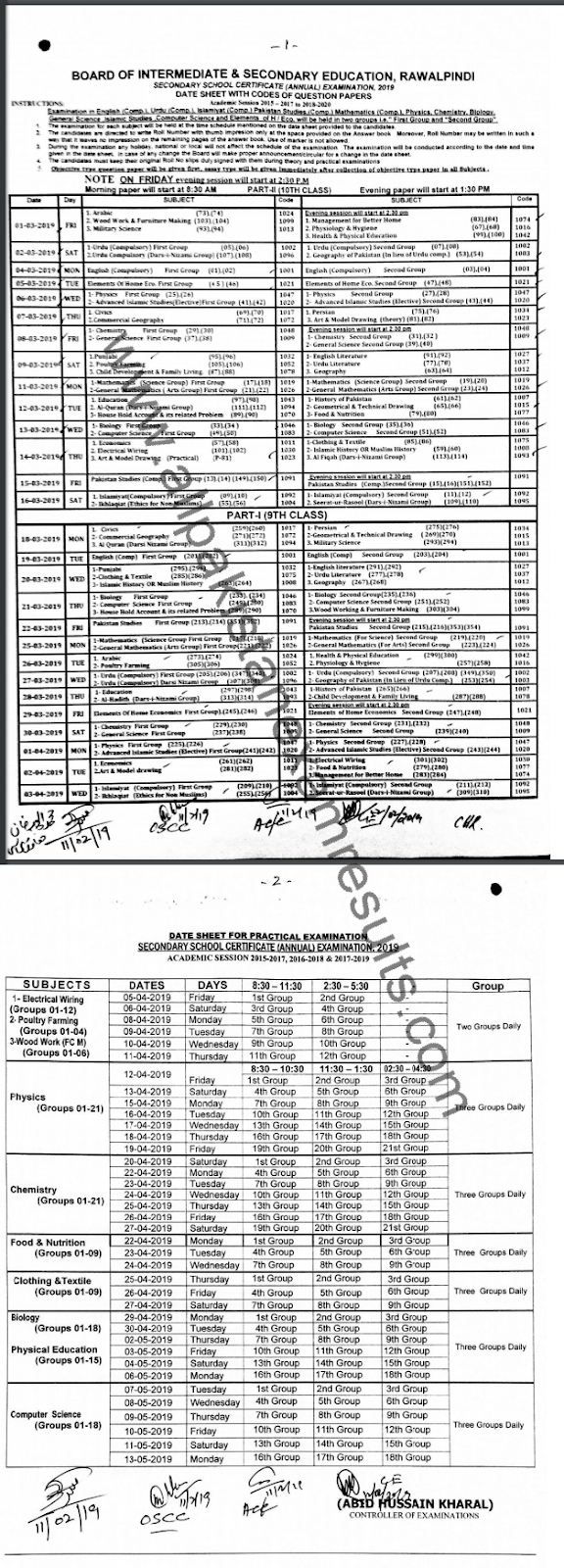 BISE Rawalpindi 9th Class Date Sheet 2019