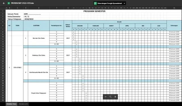 Program Semester 2 Tematik dan Matematika Kelas 4