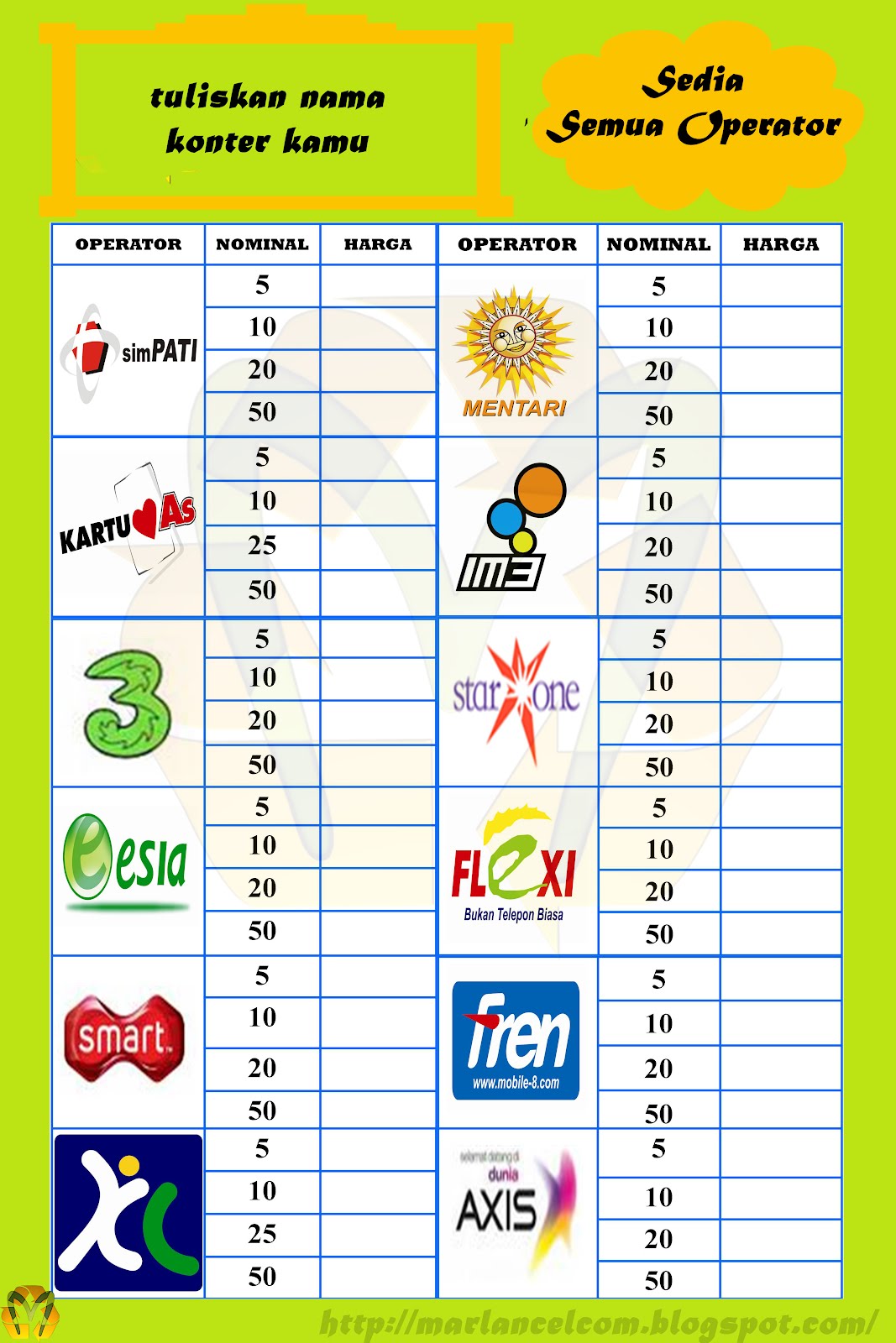 Marlan Celluler: Contoh Papan Pulsa/ Spanduk Pulsa/Papan 