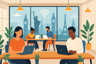 Best Coworking Spaces Around the World People working in stylish coworking space with international travel vibe