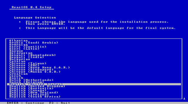 ReactOS installer language selection