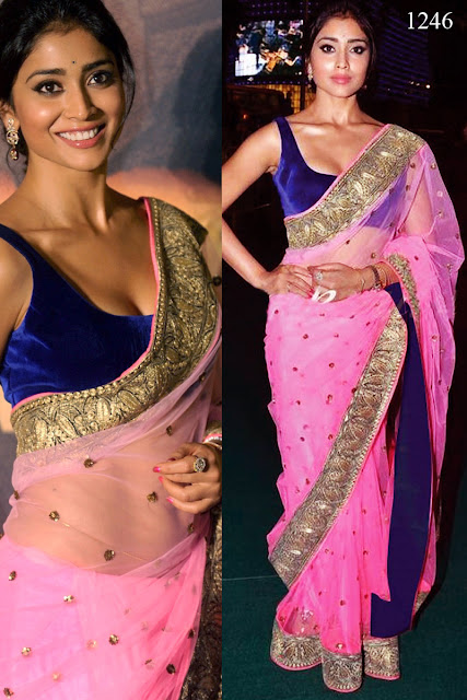 shriya saran Pink and Blue valvate saree at iifa awards 2012 singapore, Shriya saran with pink replica saree