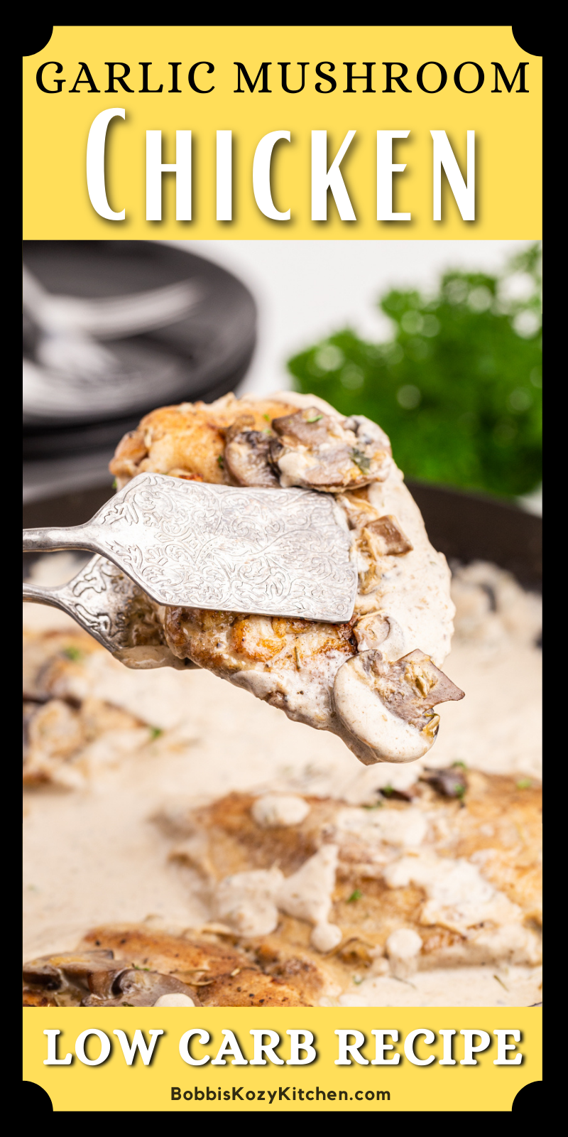 Chicken with Mushroom Garlic Sauce - This recipe for Chicken with Garlic Mushroom Sauce gives you juicy chicken breasts smothered in a glorious garlic mushroom sauce. It is low-carb comfort food that could be on your table in about 30 minutes! #keto #lowcarb #glutenfree #easy #skillet #recipe #chicken #mushroom #garlic #creamy #sauce