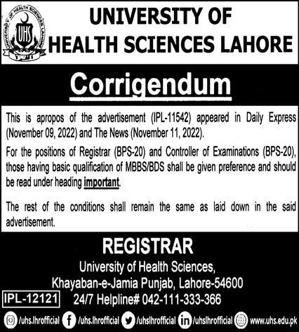Latest University of Health Sciences Management Posts Lahore 2022