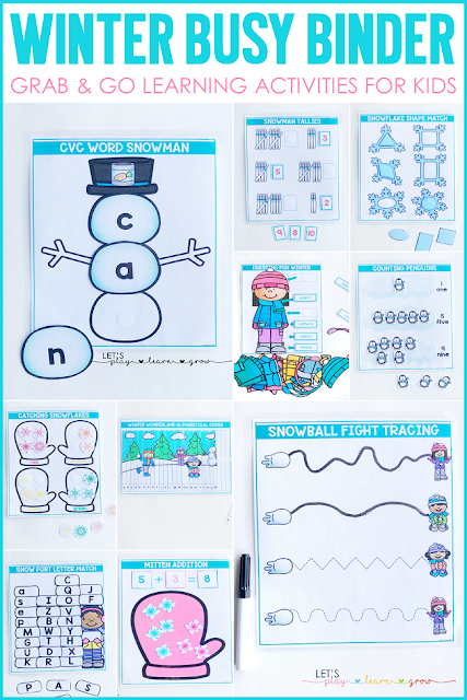 Winter themed activity binder for preschool and kindergarten that works on skills like letter matching, shape matching, color sorting, ABC order, tally marks, counting and number identification, addition, prewriting, labeling, and spelling cvc words.