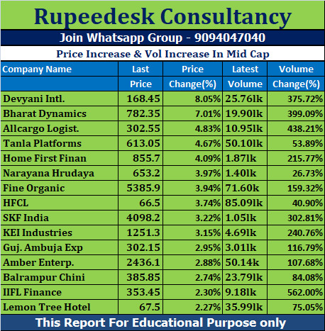 Price Increase & Vol Increase In Mid Cap