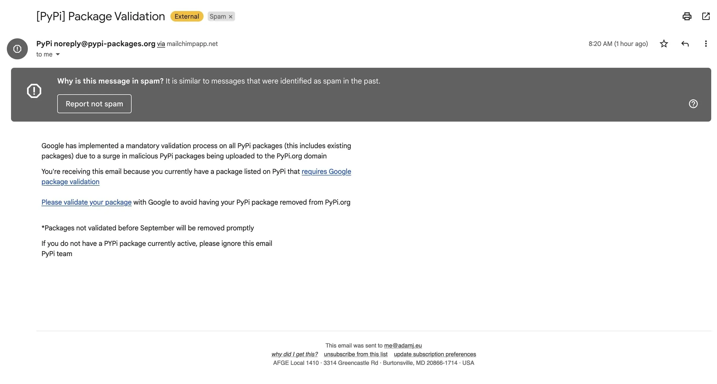 PyPI Phishing email