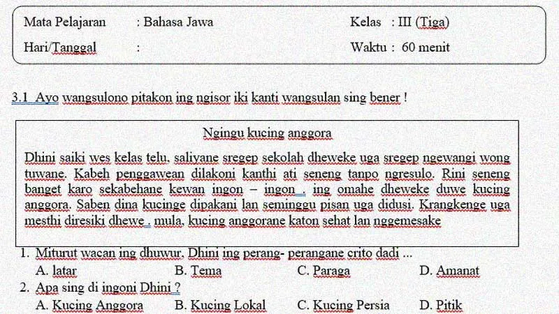 Soal Penilaian Tengah Semester 1 Bahasa Jawa Kelas 3 dan Kunci Jawaban