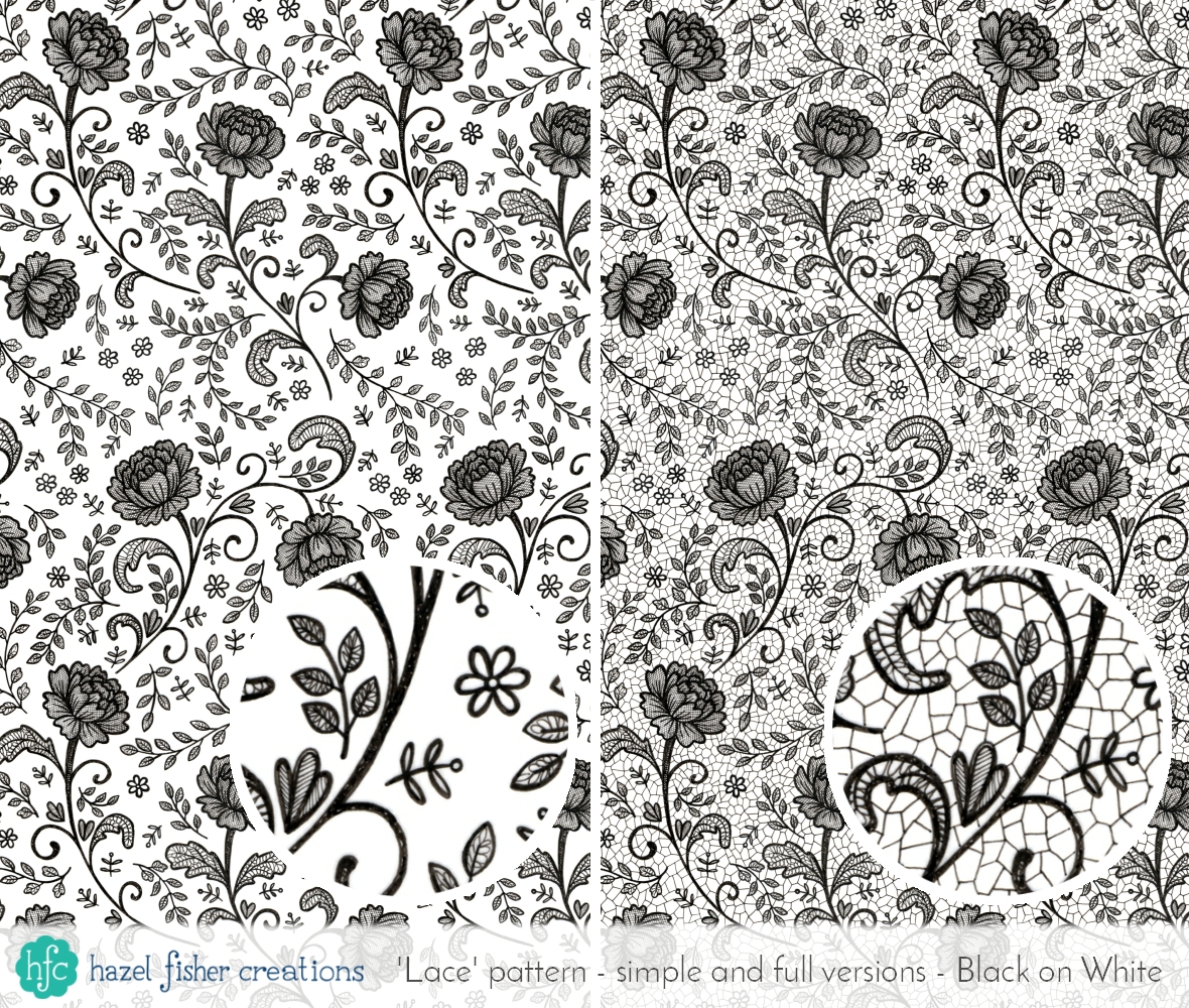 Spoonflower Contest - Lace Gift Wrap, black and white finished hand drawn surface pattern designs by Hazel Fisher Creations