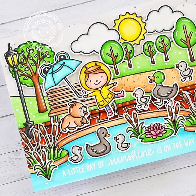 Sunny Studio Stamps: Puddle Jumpers Card by Marine Simon (featuring Sprawling Surfaces, Balloon Rides, Country Scenes, Spring Scenes)