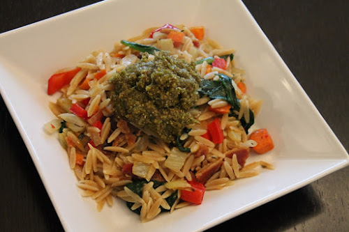 Smoky Orzo and Vegetable Bowl with Pistachio Pesto