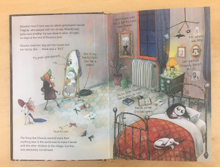 Two-page spread showing Ghoulia's bedroom, with her admiring her relection in the mirror and sleeping in bed.