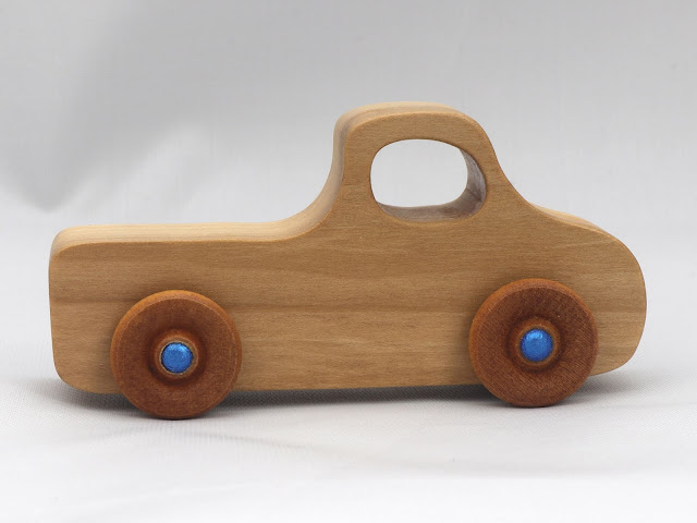 Handmade Wooden Toy Truck, Pickup Truck from the Play Pal Series Clear Shellac With Metallic Blue Hubs