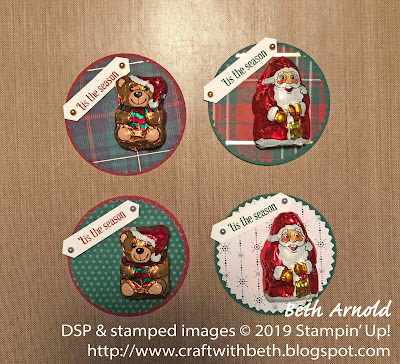 Craft with Beth: Stampin' Up! Christmas Treat Holder Foil-Wrapped Chocolate Santas and Teddy Bears Lidl Starburst Punch Classic Label Punch Circle Punch Wrapped in Plaid Specialty Designer Series Paper DSP Metallic Pearls Itty Bitty Greetings OnStage