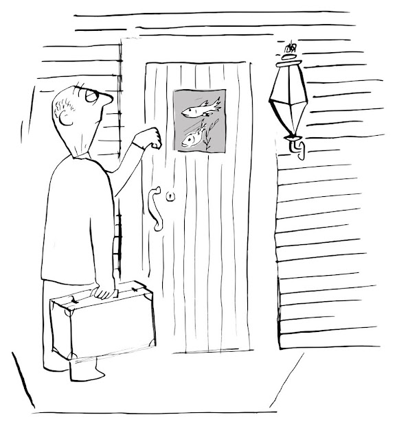 cartoon by pa, pa cartoon, donnel, fish, door, salesman