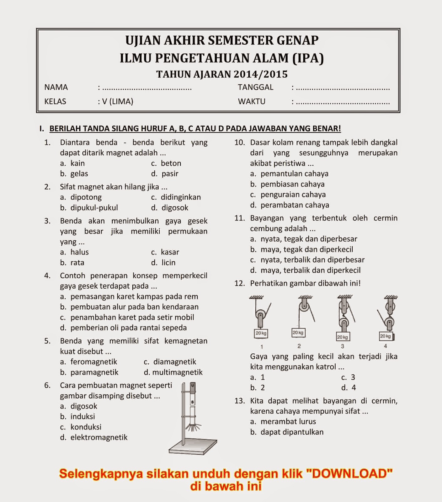 Download Soal Ipa Uas Semester 2 Kelas 5 Tahun 2014 2015 Baru Rpp Pjok Kelas 5 Sd