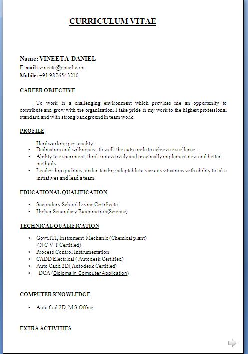 ITI Fresher Resume Format in Word Free Download