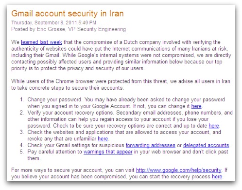 Google tells Iranians to Change their Gmail password