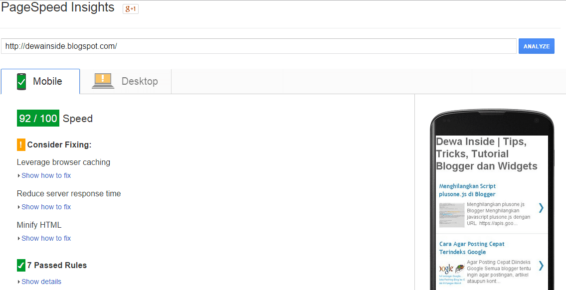 Mobile Score PageSpeed Insights