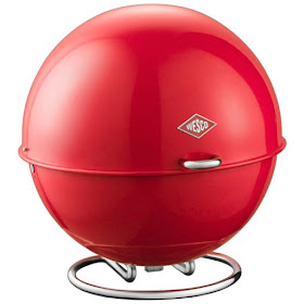 Red bread box, made of steel, shaped like a ball