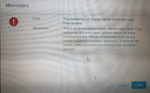 The installation of vcenter server failed due to an internal error