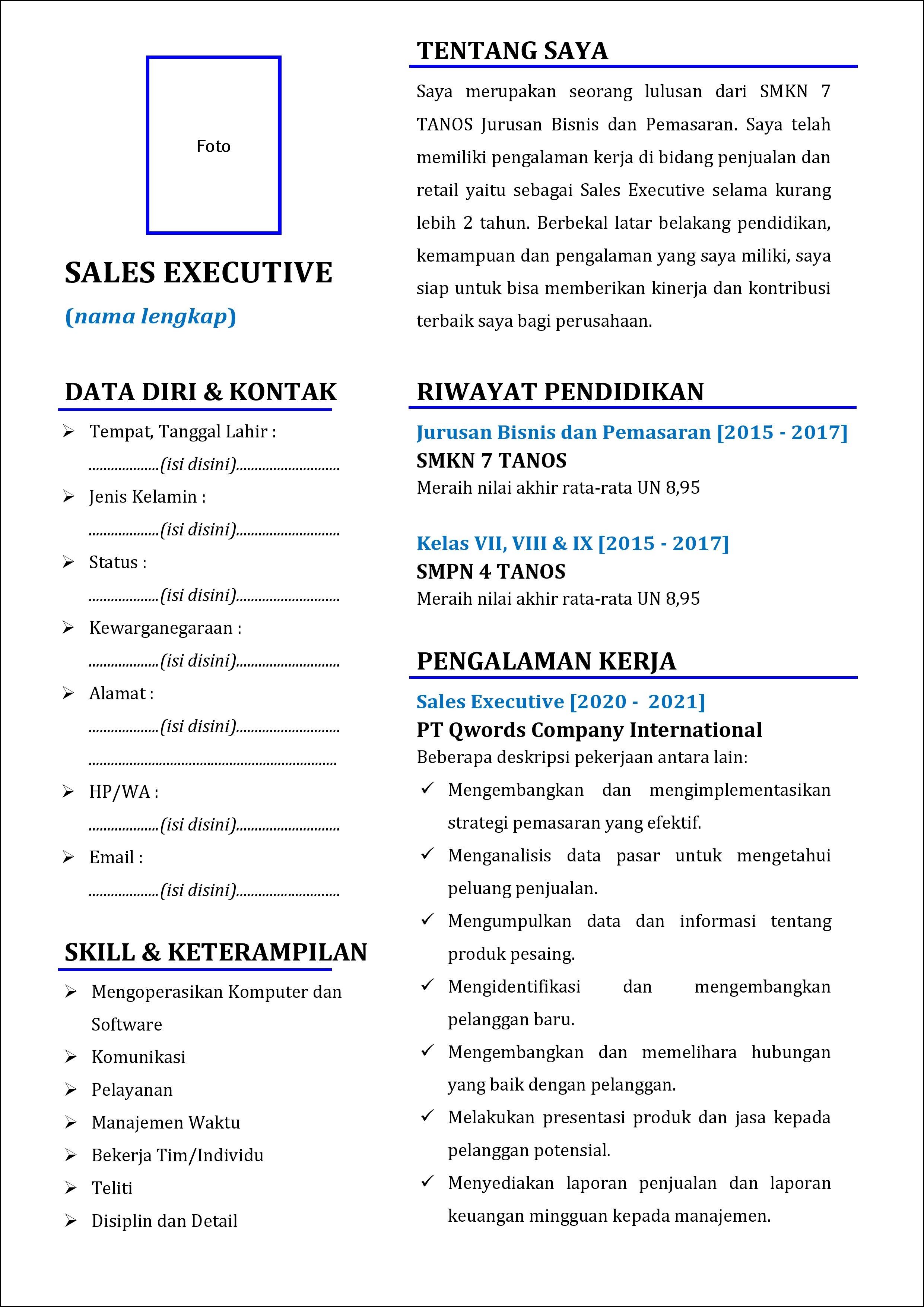 contoh 1 daftar riwayat hidup Sales Executive yang punya pengalaman kerja (experience)