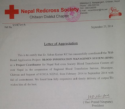 Appreciation letter by Nepal Redcross