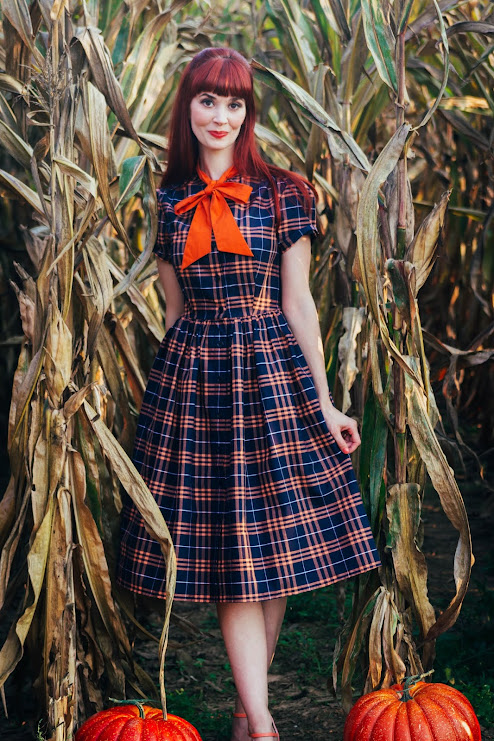 Unique Vintage 1950s Navy & Orange Plaid Cora Swing Dress