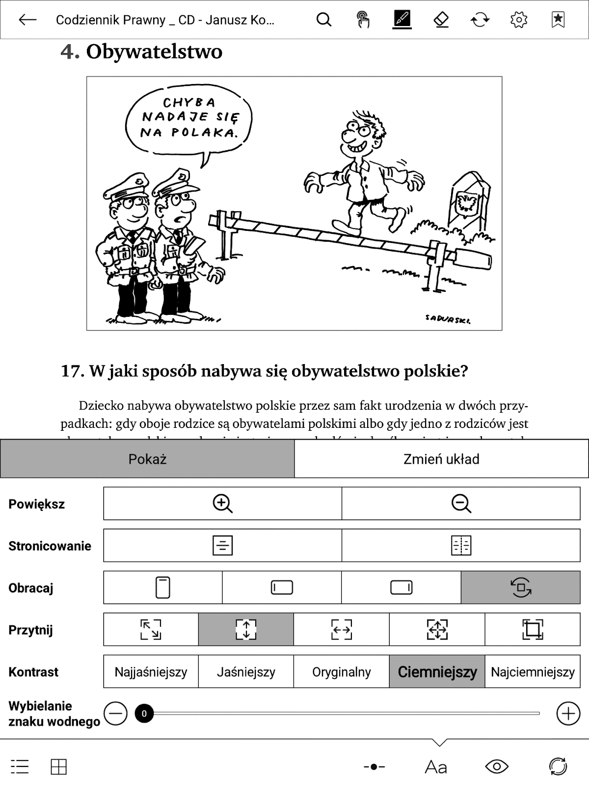 Dopasowanie strony PDF do wysokości ekranu w aplikacji Xreader na PocketBook InkPad X Pro w trybie poziomym