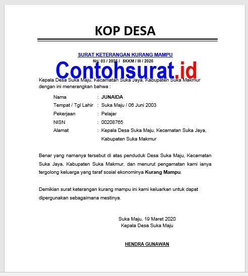 Surat Keterangan Kurang Mampu dari Kepala Desa yang Baik dan Benar