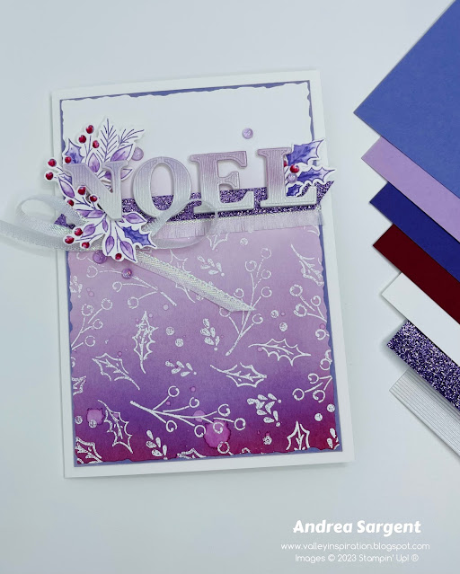 Why not try and alternative colour combo for some of your Christmas cards, featuring Highland Heather, Gorgeous Grape and Cherry Cobbler with the Joy of Noel Stampin Up bundle?