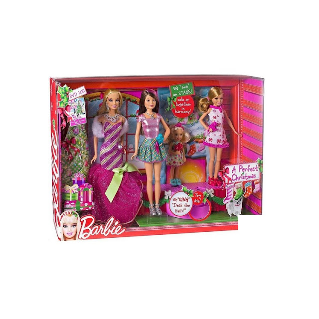 Coffret poupées Barbie et ses sœurs chantant à Noël, avec scène musicale.