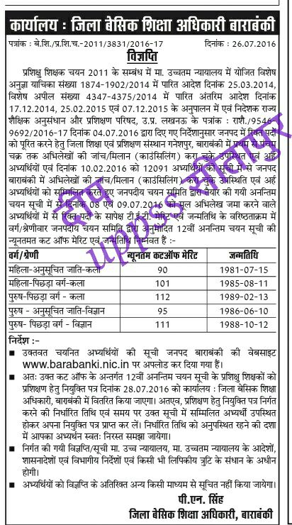 Barabanki 12th cut-off : 72825 प्रशिक्षु चयन हेतु बाराबंकी जिले की मेरिट कटऑफ जारी