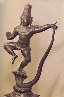 Krishna subduing the serpent demon Kaliya, which inhabited the River Jumna and had been terrorising the people living along its banks. Though only a boy, Krishna overcame Kaliya by dancing on his heads. Chola bronze, sixteenth century. Victoria and Albert Museum, London.