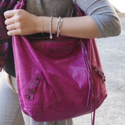 silver bracelet stack, Balenciaga Day bag in 2005 magenta | Away From The Blue