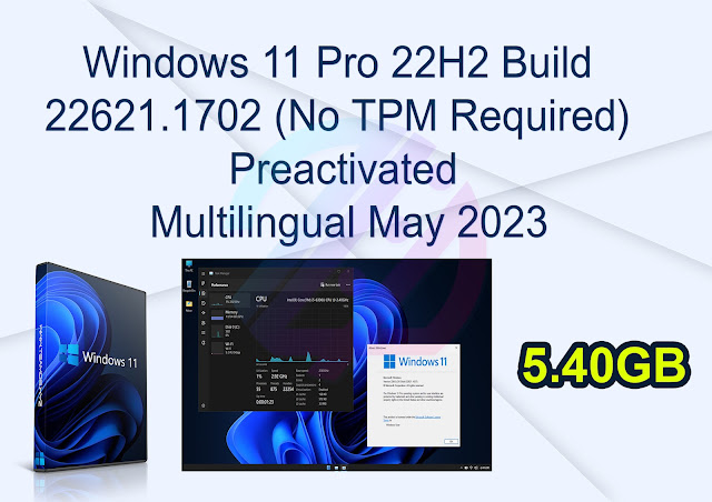 Windows 11 Pro 22H2 Build 22621.1702 (No TPM Required) Preactivated Multilingual May 2023