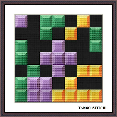 Orange green violet block puzzle cross stitch pattern