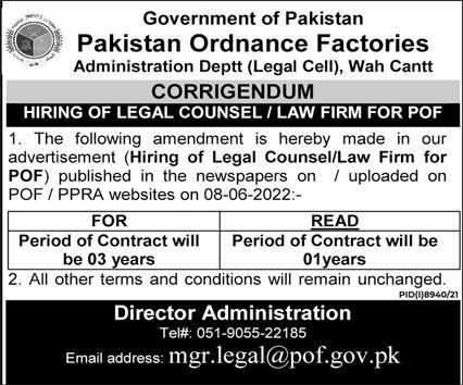 Latest Pakistan Ordnance Factories POF Legal Posts Wah Cantt 2022