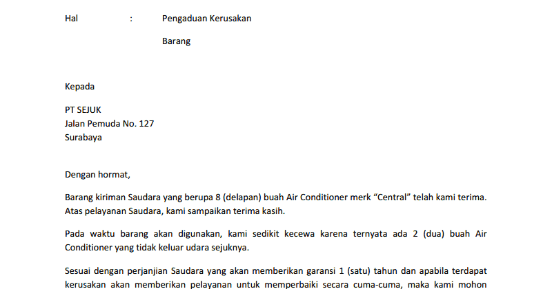 Contoh Surat Balasan Pengaduan Barang/Produk 