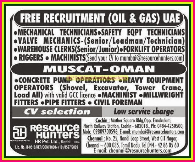 Oil & Gas Job Vacancies for UAE & Oman - Free Recruitment