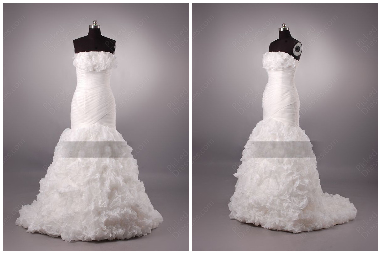 wedding dresses sweetheart neckline ball gown strapless  Organza Sweep Train White Ruched Church Mermaid Wedding Dress
