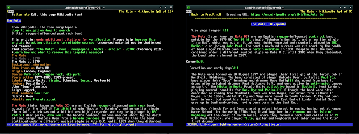 A direct page load from Lynx browser vs a proxied load via the FrogFind content-wrapper